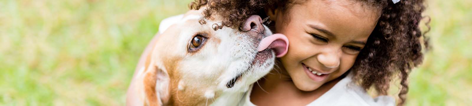 dog kissing young girl on the cheek